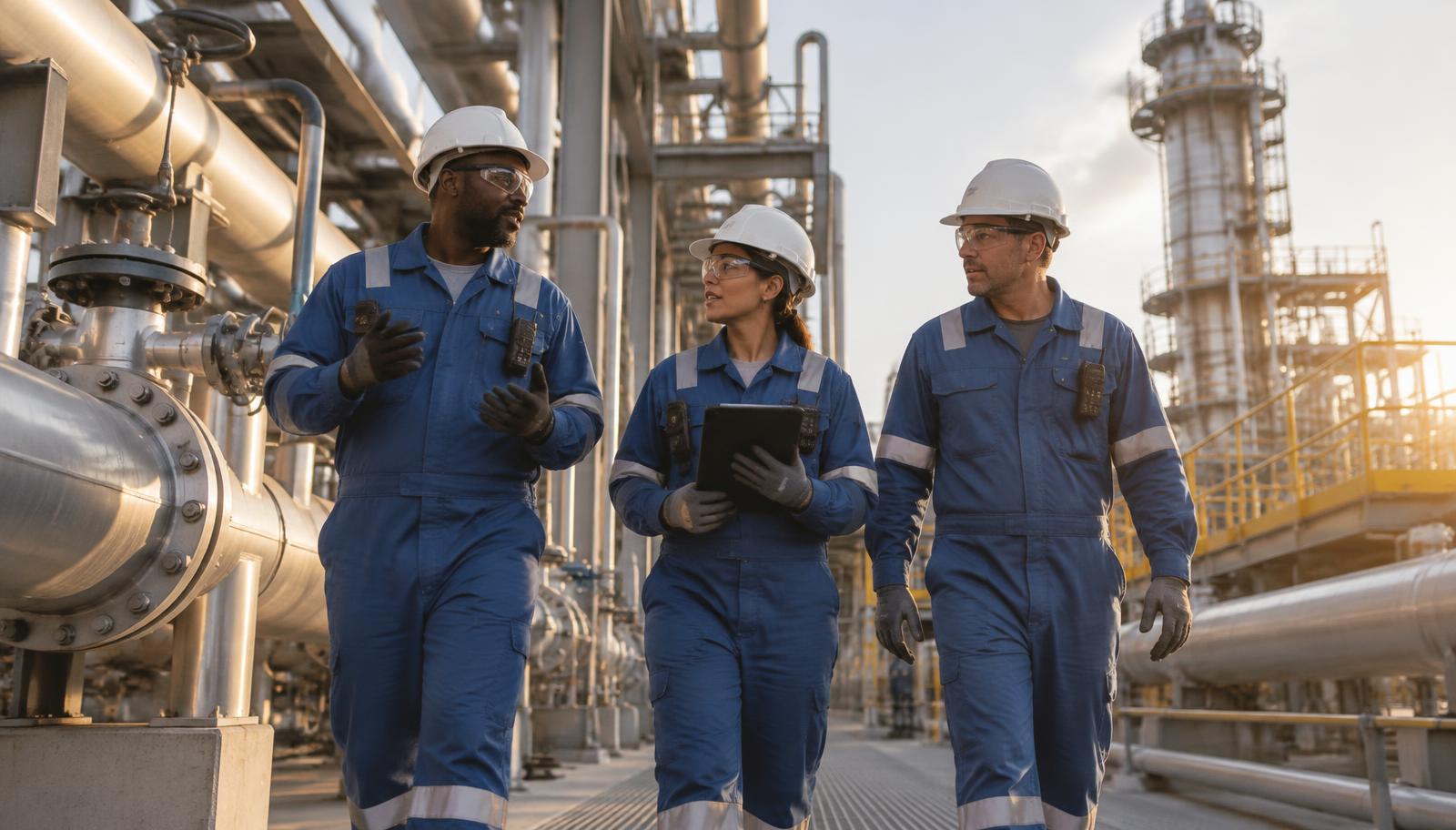 Maximus Oil engineers walking through an industrial facility