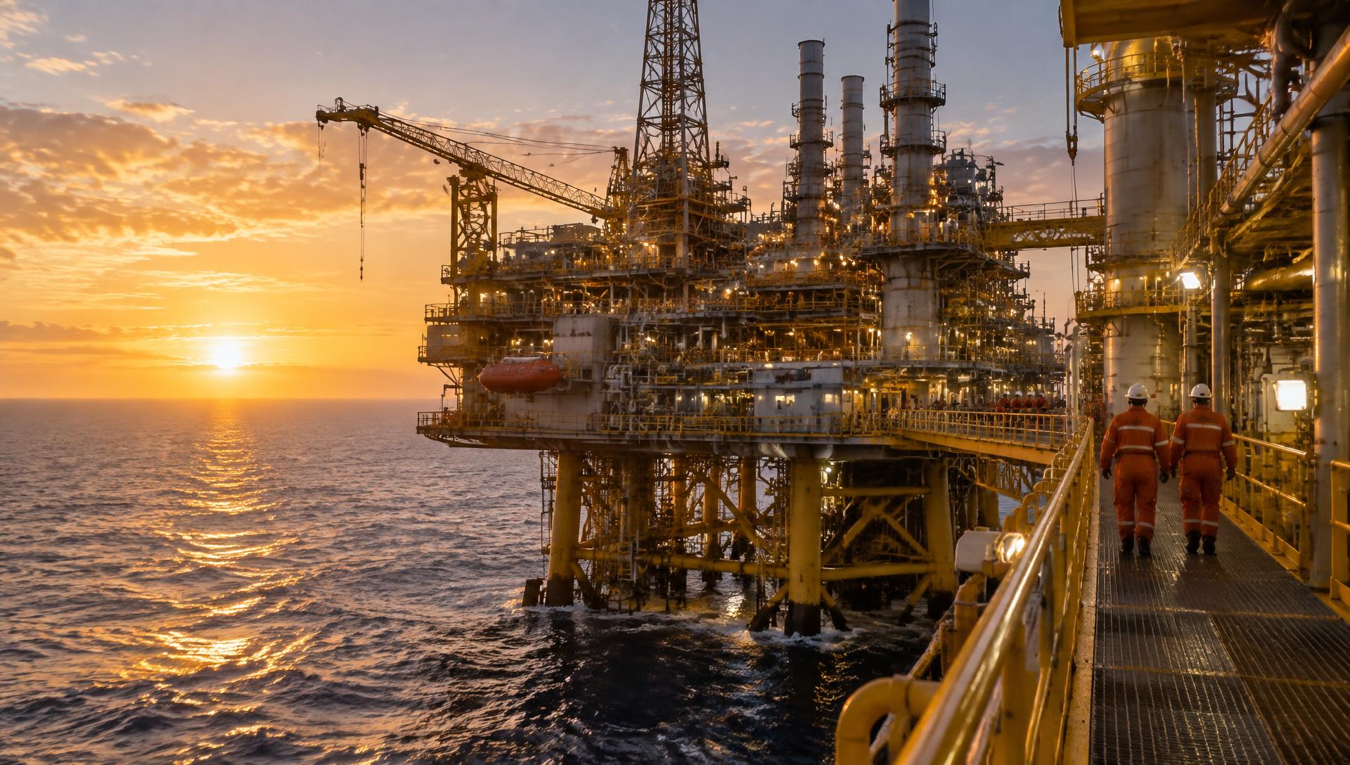 Offshore energy platform operating at golden hour